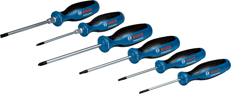 Screwdriver Set 6pc SL/PH/PZ/TX Bosch 6-piece screwdriver set with ergonomic handles.
