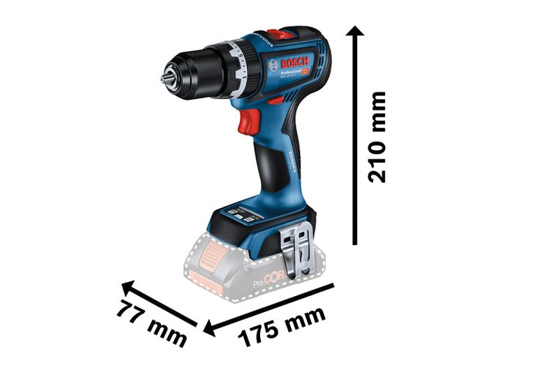 Bosch GSB 18V-90 C cordless combi drill with size dimensions.