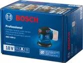 Cordless random orbit sander with dust bag displayed on a blue product box.