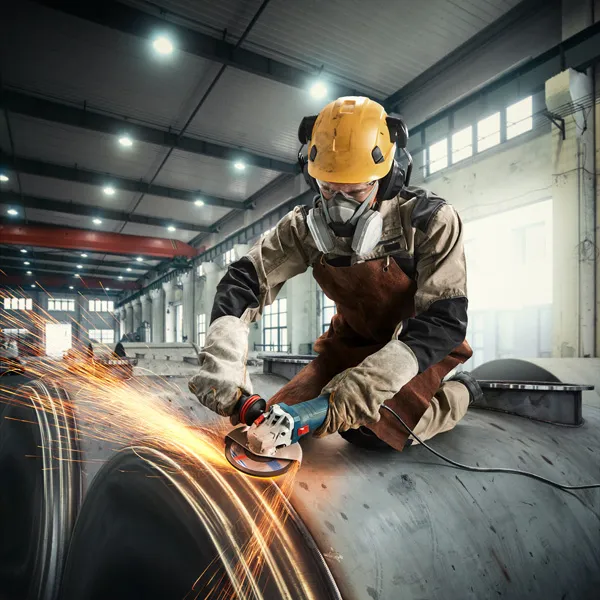 GWS 12-125 S A person wearing safety equipment grinds metal, creating sparks in an industrial setting.