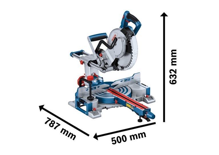 Bosch GCM 18V-254 D cordless mitre saw with dimensions.