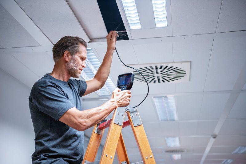 A person on a ladder inspects a ceiling panel using an inspection camera.