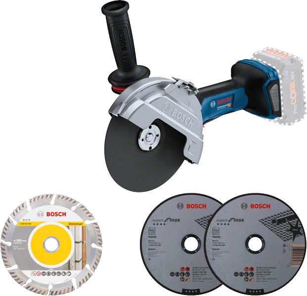 GWS 18V-180 P Bosch GWS 18V-180 P angle grinder with three cutting discs.