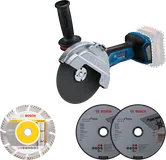 Bosch GWS 18V-180 P angle grinder with three cutting discs.