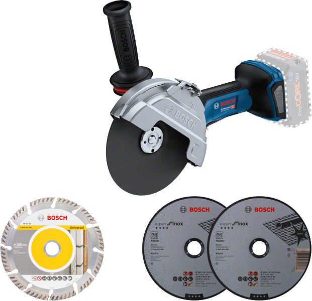 Bosch GWS 18V-180 P angle grinder with three cutting discs.