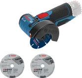 Bosch GWS 12V-76 cordless angle grinder with cutting discs.