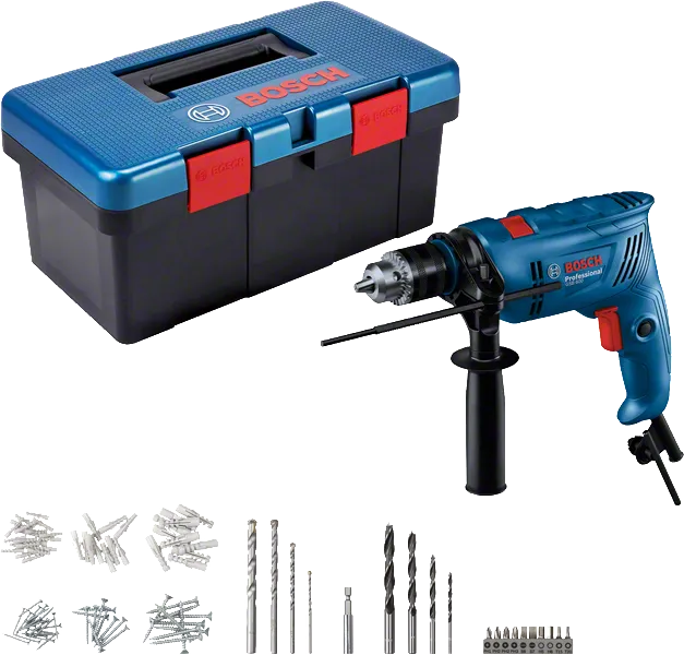 Bosch GSB 600 drill set with toolbox and accessories.
