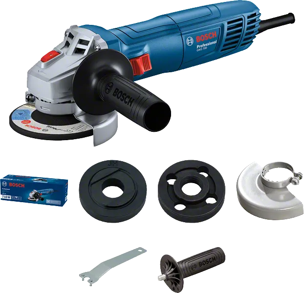 Bosch GWS 700 angle grinder with accessories.