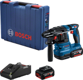 Bosch GBH 185-LI cordless rotary hammer with battery, charger and case.