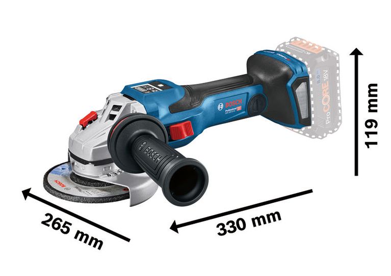 Bosch GWS 18V-15 SC cordless angle grinder dimensions.