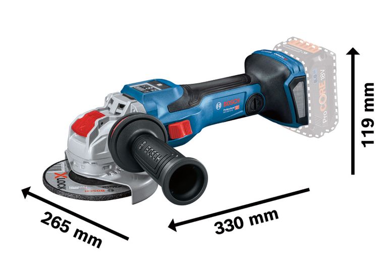 Bosch GWX 18V-15 SC cordless angle grinder with X-LOCK.