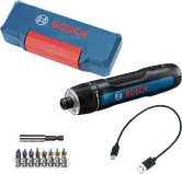 Bosch Go 3 electric screwdriver set with USB charging cable.