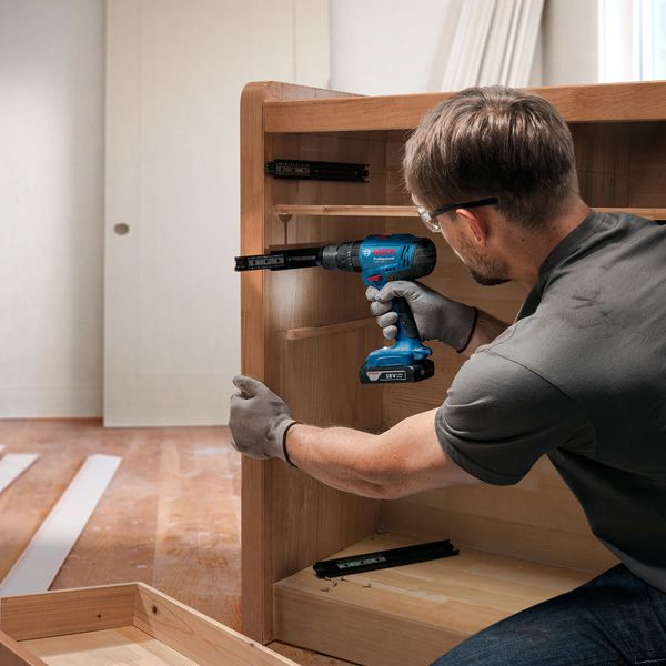 Person wearing safety equipment installs drawer slides using a cordless drill.