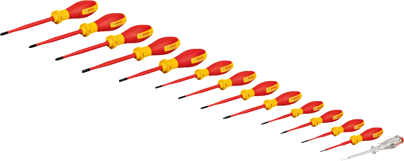 VDE Screwdriver Set mixed 14pc Bosch VDE Screwdriver Set mixed 14pc with insulated handles.