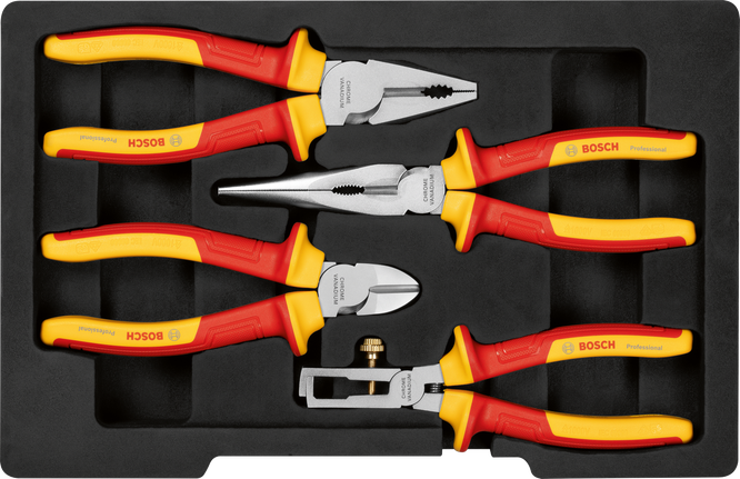 Bosch VDE four-piece insulated plier set in tray.