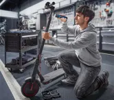 A person repairs an electric scooter using a cordless screwdriver in a workshop.