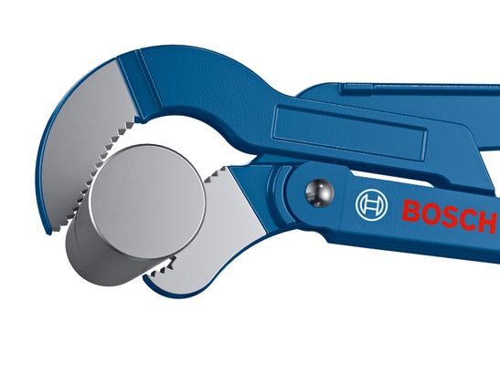 45° 420mm S-type corner pipe wrench Bosch sanitary corner pipe wrench 45° 420mm gripping a pipe.