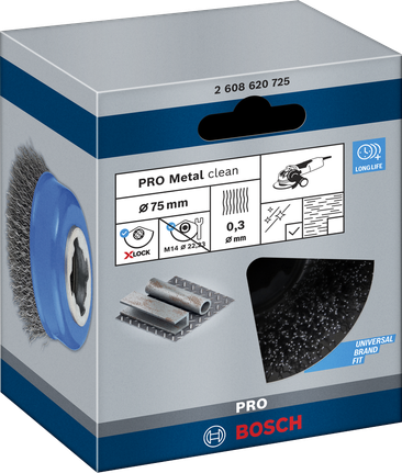 PRO Metal clean X-Lock Cup Brush, 75 x 0.3 mm Bosch PRO Metal clean X-Lock cup brush 75×0.3 mm.
