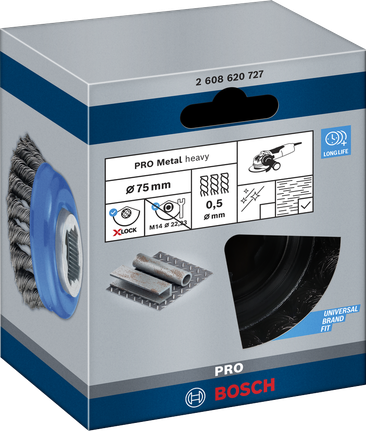 PRO Metal heavy X-Lock Cup Brush, 75 x 0.5 mm Bosch PRO Metal heavy X-Lock cup brush 75×0.5 mm.