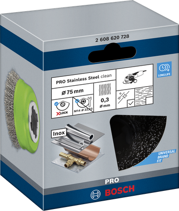 Bosch PRO stainless steel 75×0.3 mm X-Lock cup brush.