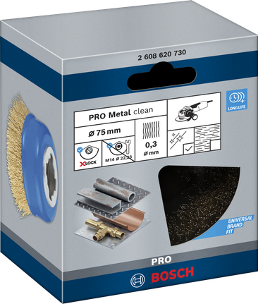 PRO Metal clean Cup Brush, 75 x 0.30 mm, X-Lock Bosch PRO Metal clean cup brush 75×0.30 mm X-Lock.