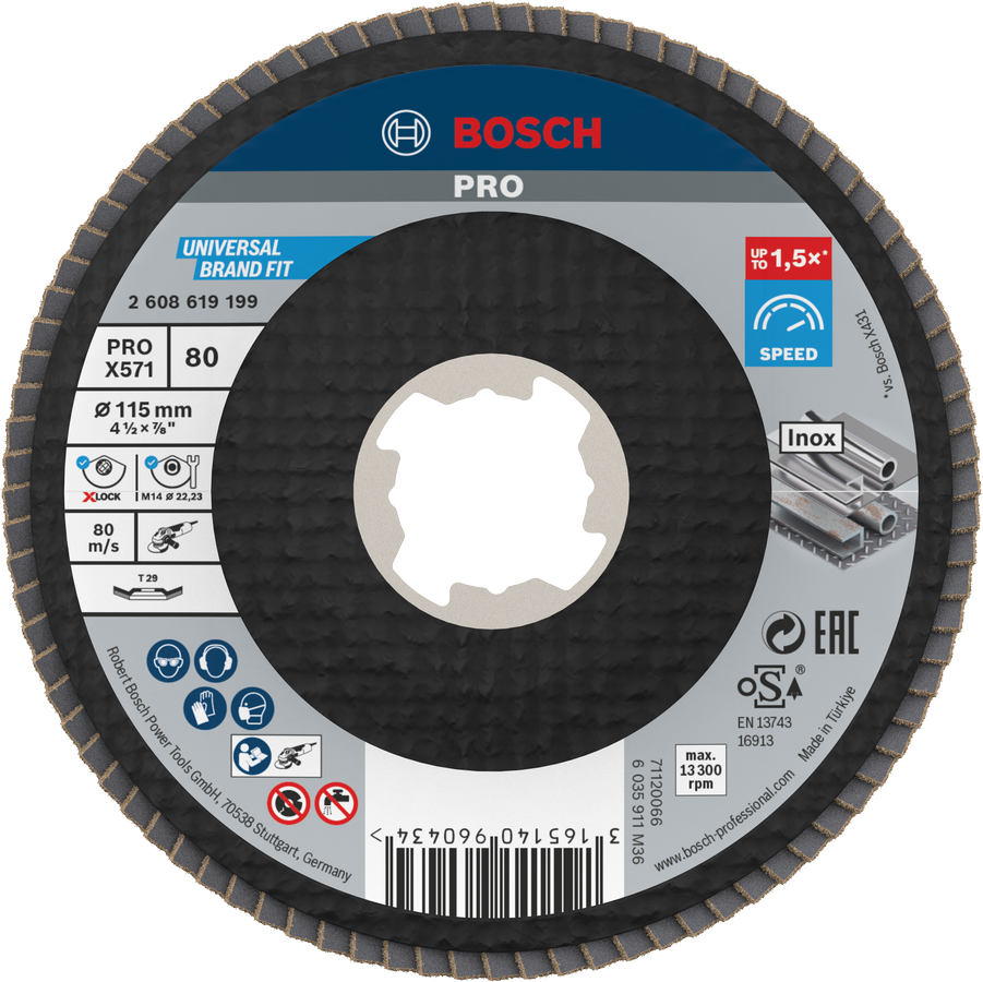 Bosch PRO X571 flap disc angled 115mm G80 X-Lock.