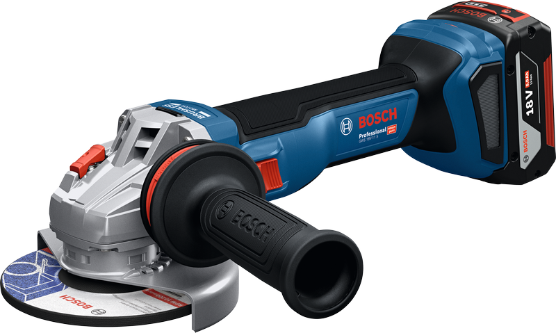 Bosch GWS 18V-11 cordless angle grinder with 5Ah battery.