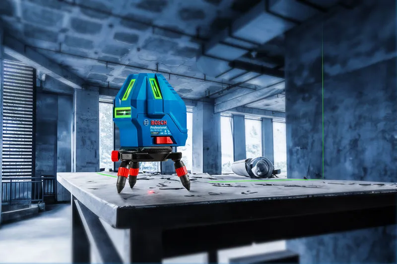 Laser level on construction table.