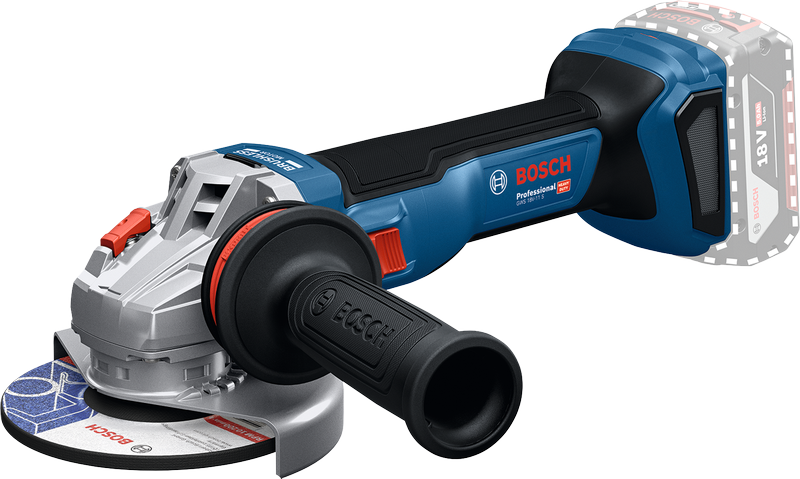 Bosch GWS 18V-11 cordless angle grinder with side handle.