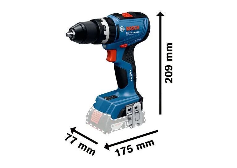 Bosch GSB 18V-65 cordless drill with size dimensions.
