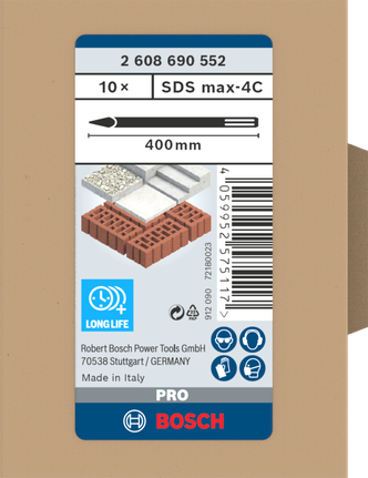 PRO SDS max-4C Pointed Chisel Set, 400 mm, 10 pcs Bosch SDS max-4C 400 mm chisel set.