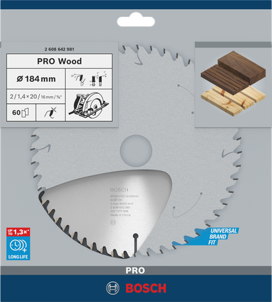 PRO Wood Circular Saw Blade, 184 x 2 x 20 mm Bosch PRO Wood 184 mm circular saw blade.