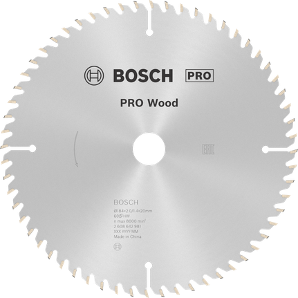 PRO Wood Circular Saw Blade, 184 x 2 x 20 mm Bosch PRO Wood Circular Saw Blade 184 mm for precise cuts.