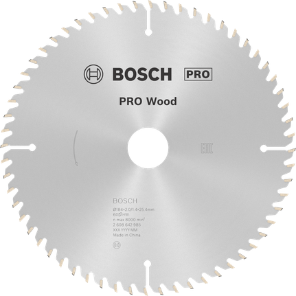PRO Wood Circular Saw Blade, 184 x 2 x 25 mm Bosch PRO Wood Circular Saw Blade 184 mm for precise wood cutting.