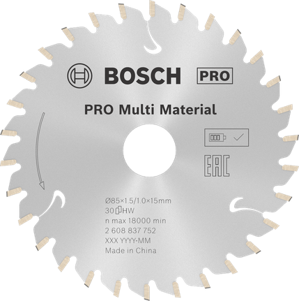 PRO Multi Material cordless Circular Saw Blade, 85 x 1.5 x 15 mm Bosch PRO Multi Material cordless circular saw blade 85 mm.