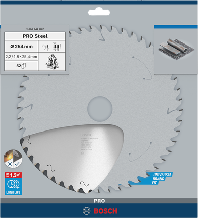 PRO Steel Circular Saw Blade, Corded, 254 x 2.2 x 25.4 mm, T52 Bosch PRO Steel circular saw blade 254×2.2×25.4 mm T52.