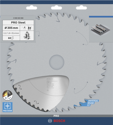 PRO Steel Circular Saw Blade, Corded, 305 x 2.2 x 25.4 mm, T60 Bosch PRO Steel 305 mm circular saw blade.