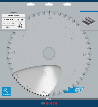 PRO Steel Circular Saw Blade, Corded, 355 x 2.2 x 25.4 mm, T90 Bosch PRO Steel 355 mm circular saw blade.