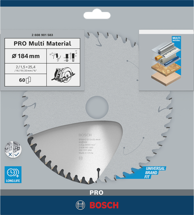 PRO Multi Material cordless Circular Saw Blade, 184 x 2 x 25.4 mm, T60 Bosch PRO Multi Material 184 mm circular saw blade T60.
