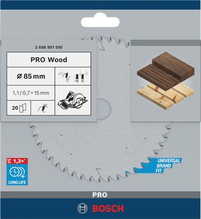 PRO Wood Circular Saw Blade, 85 x 1.1 x 15 mm, T20 Bosch PRO Wood 85 mm circular saw blade.