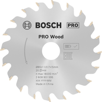 PRO Wood Circular Saw Blade, 85 x 1.1 x 15 mm, T20 Bosch PRO Wood Circular Saw Blade 85 mm for fine woodcuts.