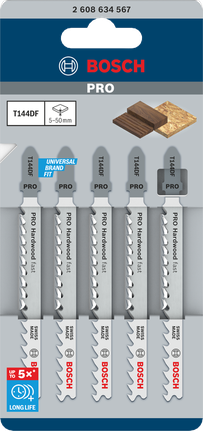 PRO Hardwood fast T144DF Jigsaw Blade, 100 mm, 5 pcs Bosch PRO Hardwood T144DF 100mm jigsaw blades 5-pack.