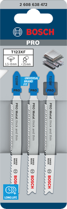 PRO Metal thick and thin T123XF Jigsaw Blade, 100 mm, 3 pcs Bosch PRO Metal T123XF jigsaw blades 3-pack.