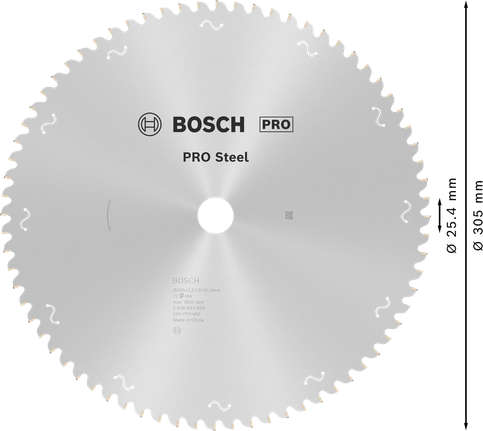 PRO Steel Circular Saw Blade, Corded, 305 x 2.2 x 25.4 mm, T72 Bosch PRO Steel circular saw blade 305 mm T72 for metal.