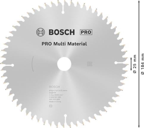 PRO Multi Material cordless Circular Saw Blade, 184 x 2 x 25.4 mm, T60 Bosch PRO Multi Material circular saw blade, 184 mm.