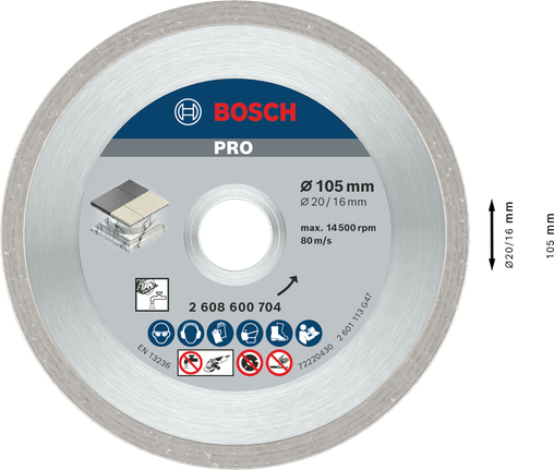 PRO Ceramic Diamond Disc, 105 x 20/16 mm Bosch PRO Ceramic Diamond Disc 105 mm for tile cutting.