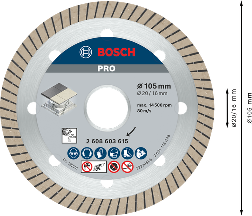 PRO Ceramic Diamond Disc, 105 x 20/16 mm Bosch PRO Ceramic Diamond Disc 105 mm for tile cutting.