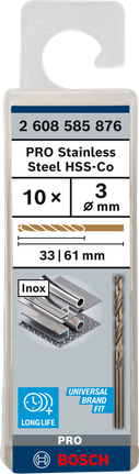 PRO Stainless Steel HSS-Co Twist Drill Bit, 3 x 33 x 61 mm, 10 pcs PRO Stainless Steel HSS-Co Twist Drill Bit, 3 x 33 x 61 mm, 10 pcs