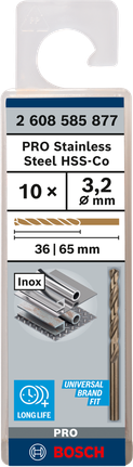 PRO Stainless Steel HSS-Co Twist Drill Bit, 3.2 x 36 x 65 mm, 10 pcs PRO Stainless Steel HSS-Co Twist Drill Bit, 3.2 x 36 x 65 mm, 10 pcs