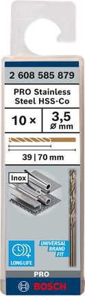 PRO Stainless Steel HSS-Co Twist Drill Bit, 3.5 x 39 x 70 mm, 10 pcs PRO Stainless Steel HSS-Co Twist Drill Bit, 3.5 x 39 x 70 mm, 10 pcs